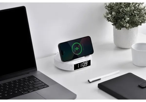 Immax 08983L - Sveglia con display LCD e ricarica wireless Qi 27W/9V bianco