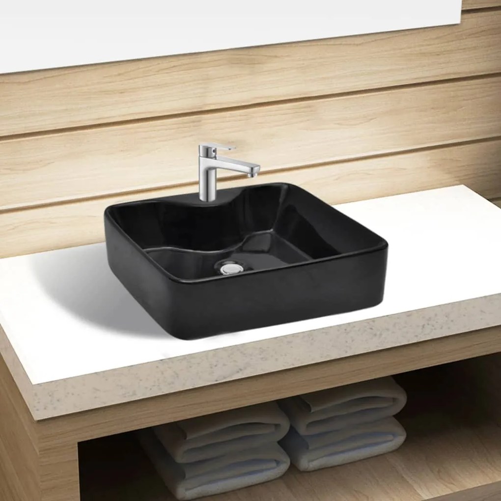 Lavandino Bagno İn Ceramica Nera Quadrato Con Foro Per Rubinetto /