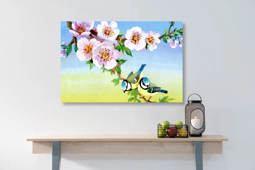 Quadro su tela – Cince e fiori in fiore