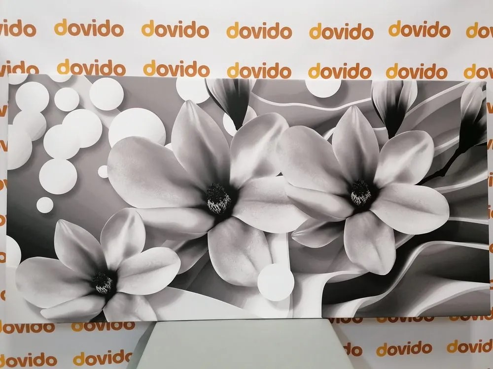 Quadro su tela – Magnolia in bianco e nero su sfondo astratto