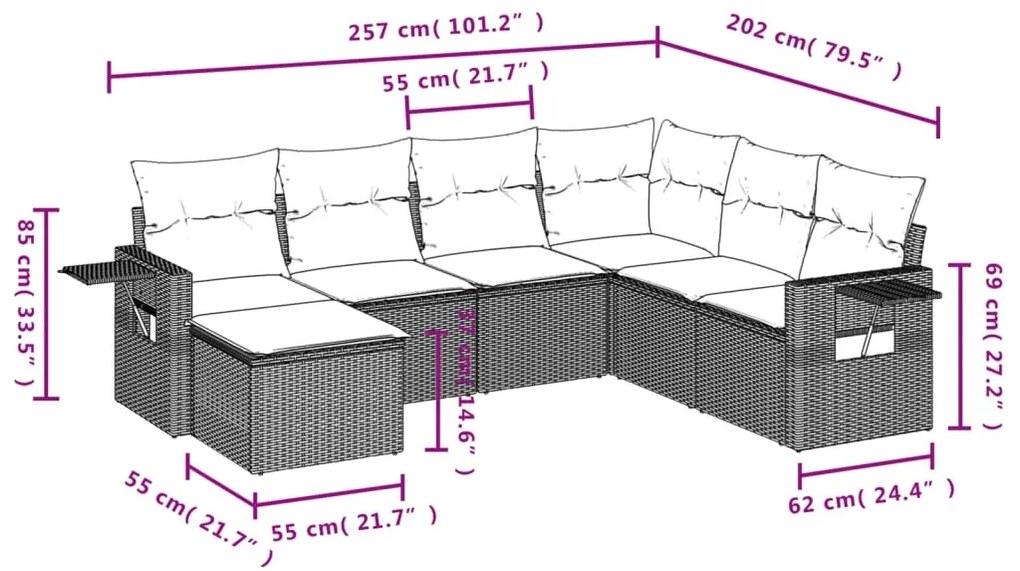 Set divani da giardino 7 pz con cuscini grigio in polyrattan