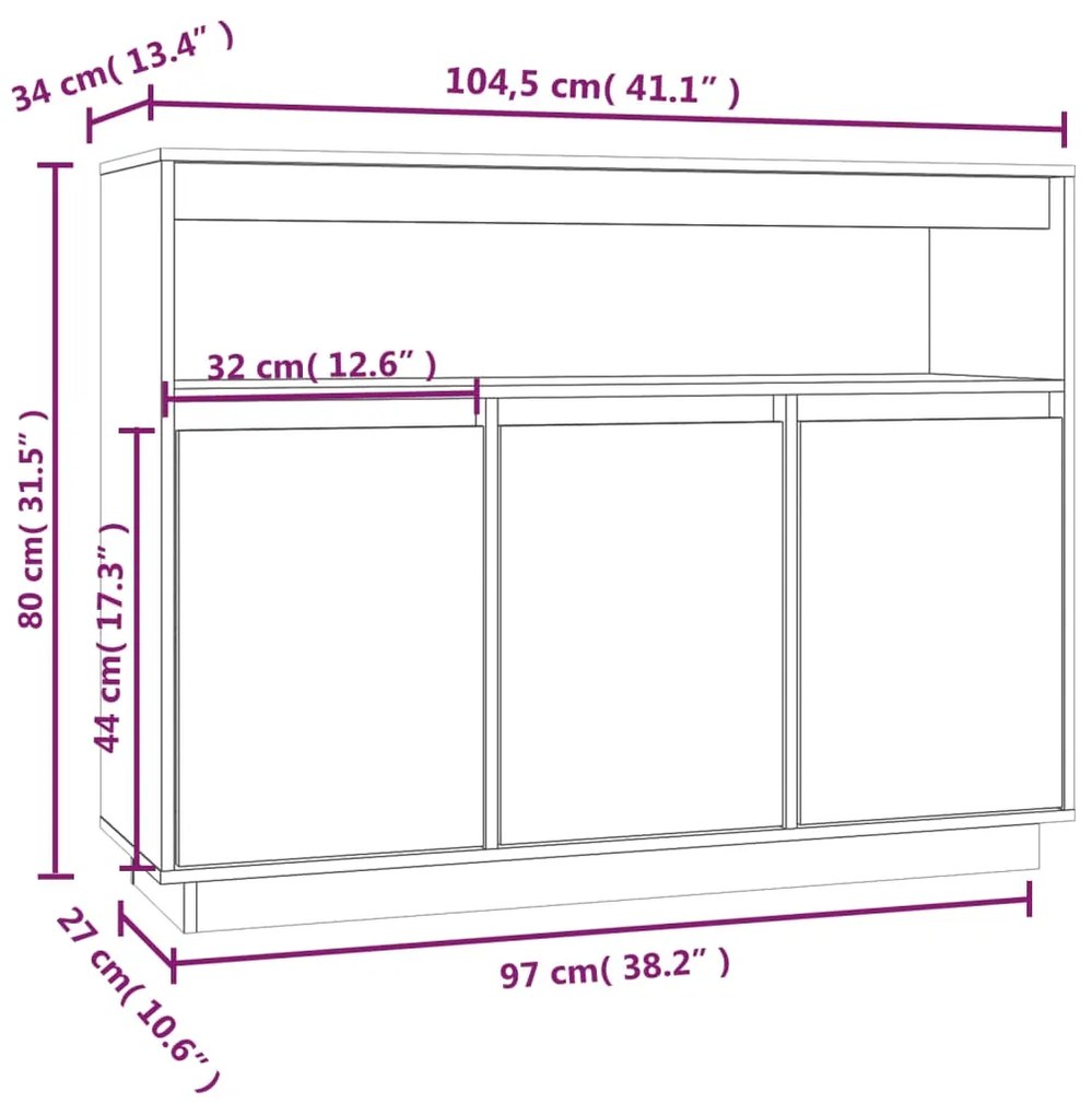 Credenza Grigia 104,5x34x80 cm in Legno Massello di Pino