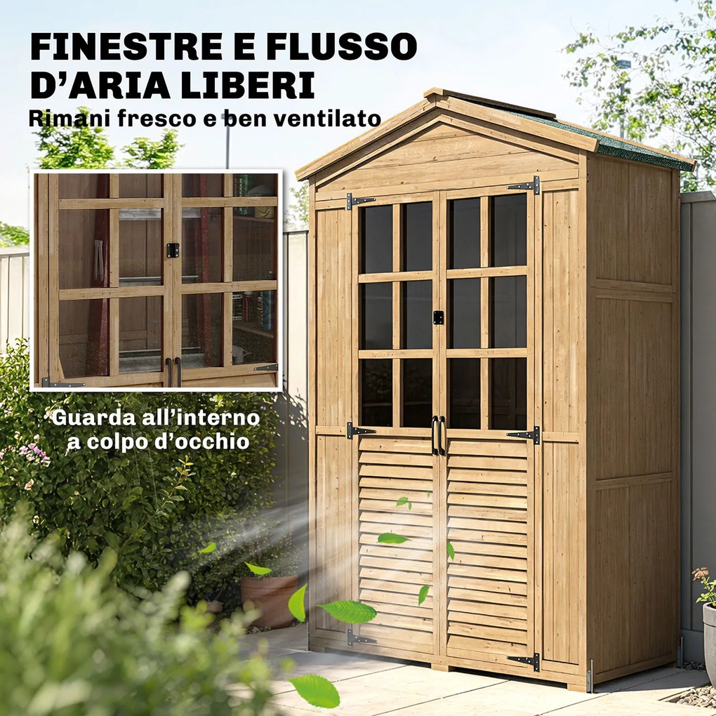 Armadio da Giardino Box Porta Attrezzi 128x57,5x197 cm con Finestre Trasparenti in Legno Marrone Chiaro...