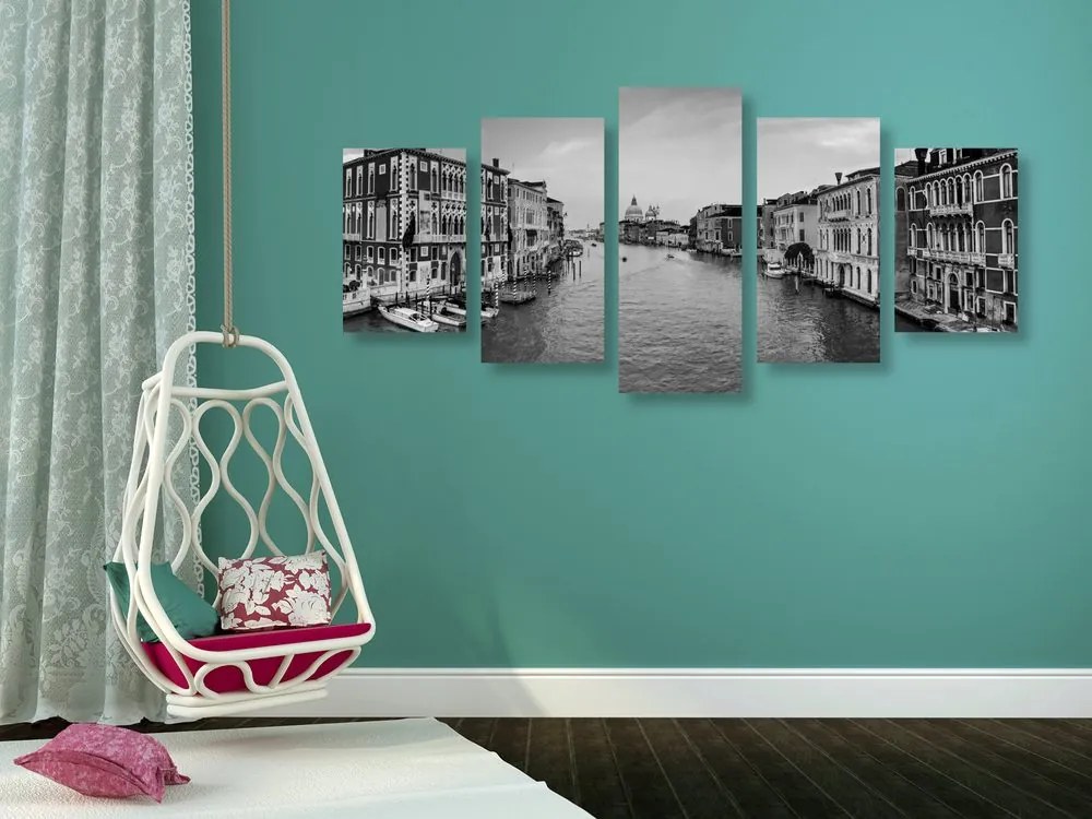 Quadri 5 pezzi – Canale famoso a Venezia in bianco e nero