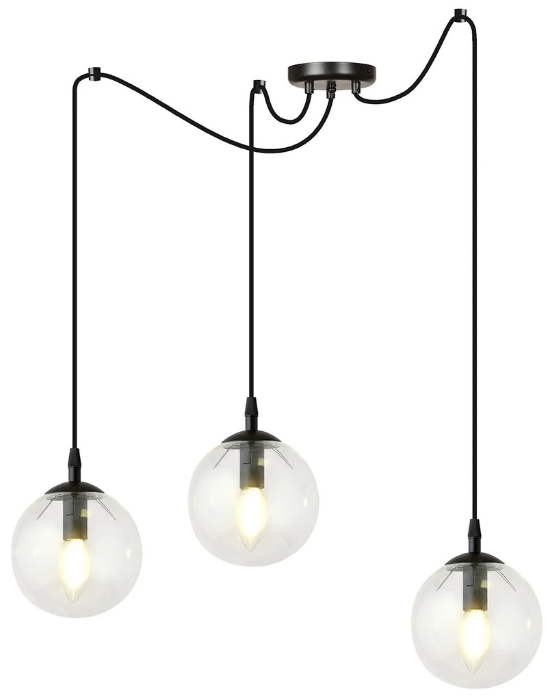Lampadario 3 Luci Ginevra In Acciaio Nero Con Cavo Lungo E Vetri Trasparente