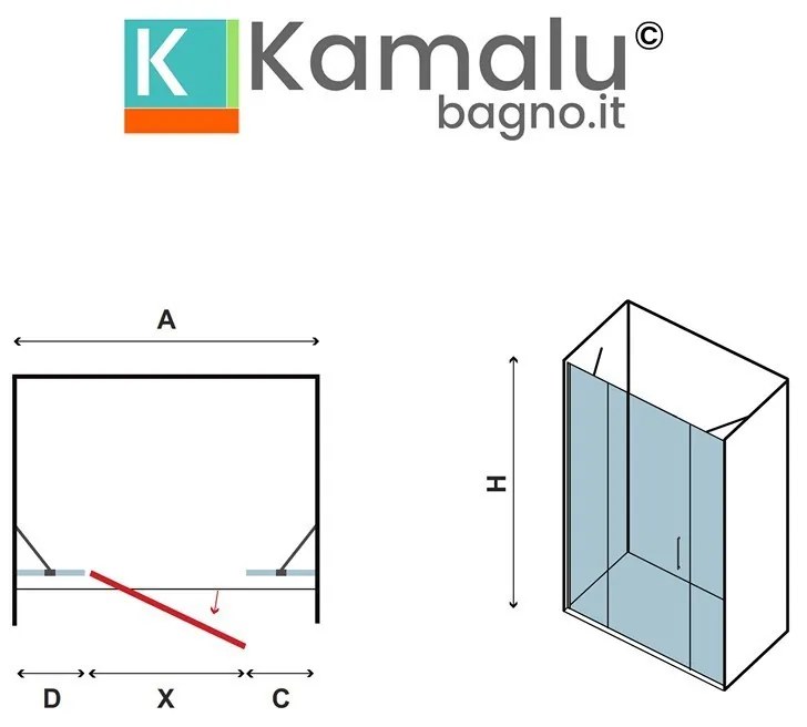 Kamalu - doccia 130cm con anta battente + 2 fissi laterali kpx6000