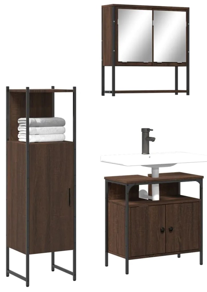 Set Mobili Da Bagno 3 Pz Rovere Marrone İn Legno Multistrato /