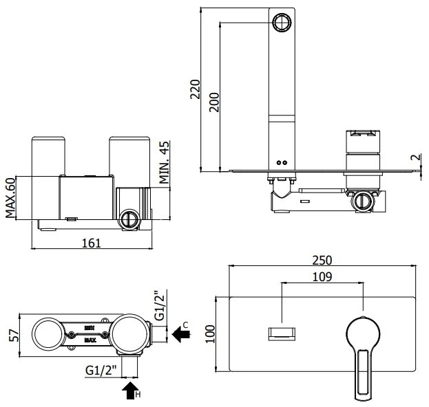 Paffoni Ringo Rin106no Miscelatore lavabo Incasso 2 Fori Piastra Rettangolare Nero Opaco