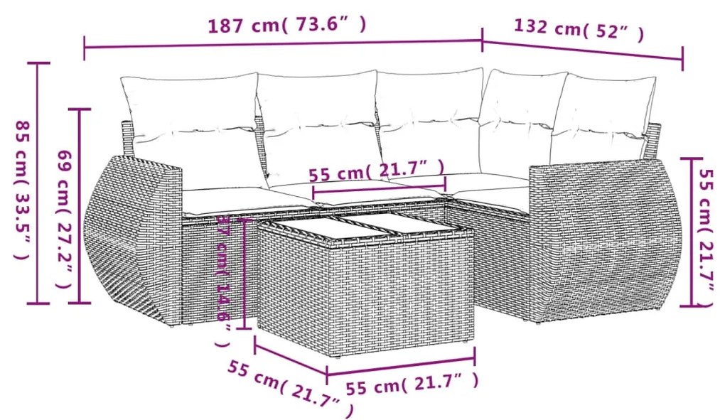 Set divano da giardino 5pz con cuscini grigio chiaro polyrattan