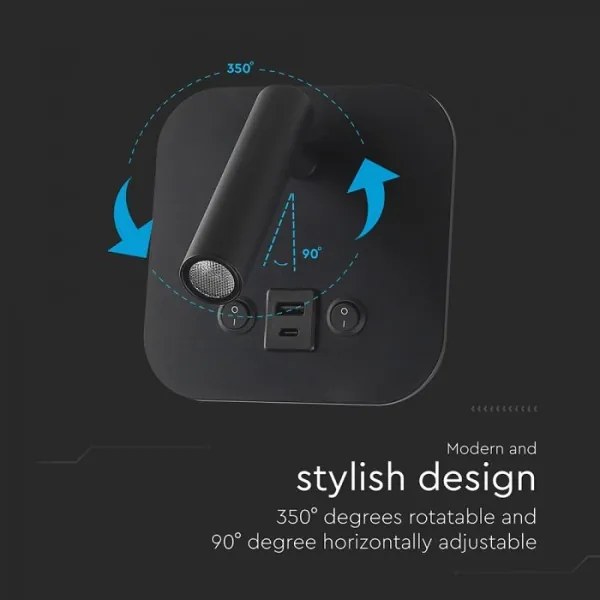 Faretto da parete LED orientabile con porta USB LED/8W/230V 3000K nero