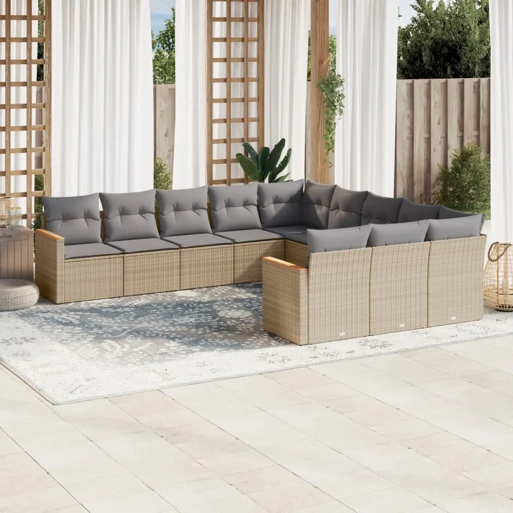 Set Divano da Giardino 11 pz con Cuscini Beige Misto Polyrattan