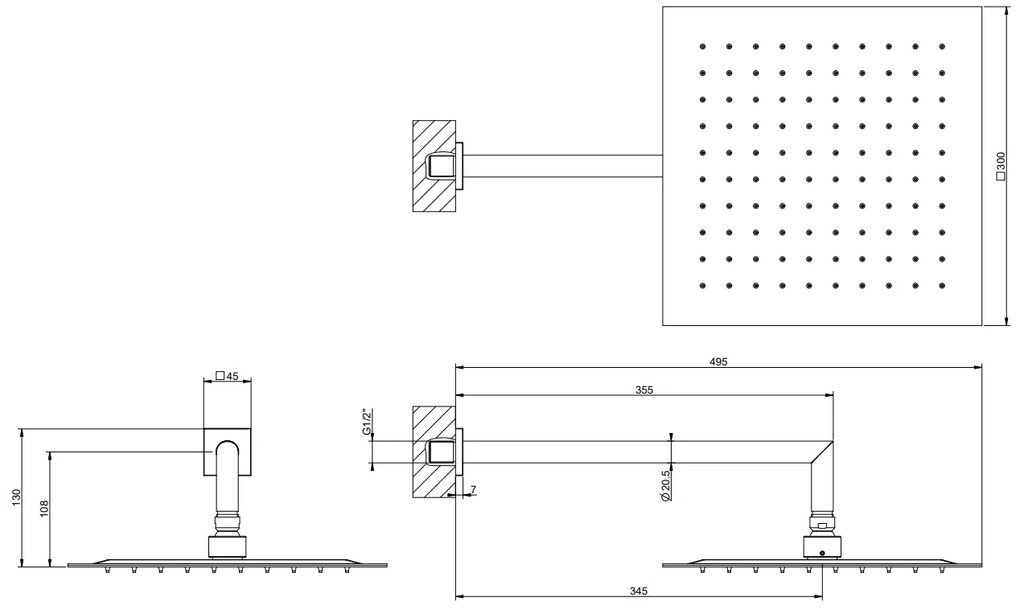 Soffione doccia 30x30 Anticalcare Orientabile con braccio a parete Mirror Steel Shower 47250 Gessi Emporio