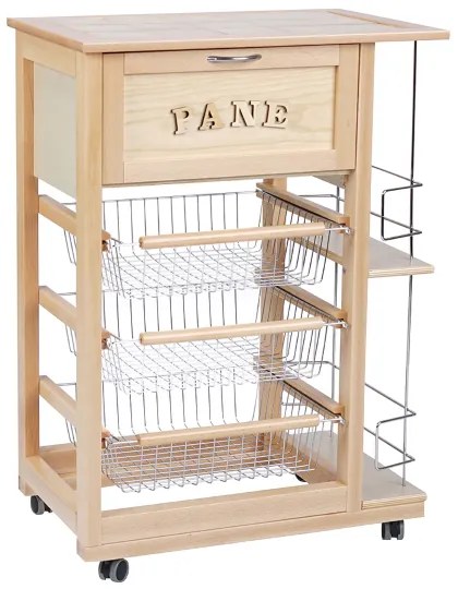 Carrello portapane con portabottiglie e cesti portafrutta Naturale