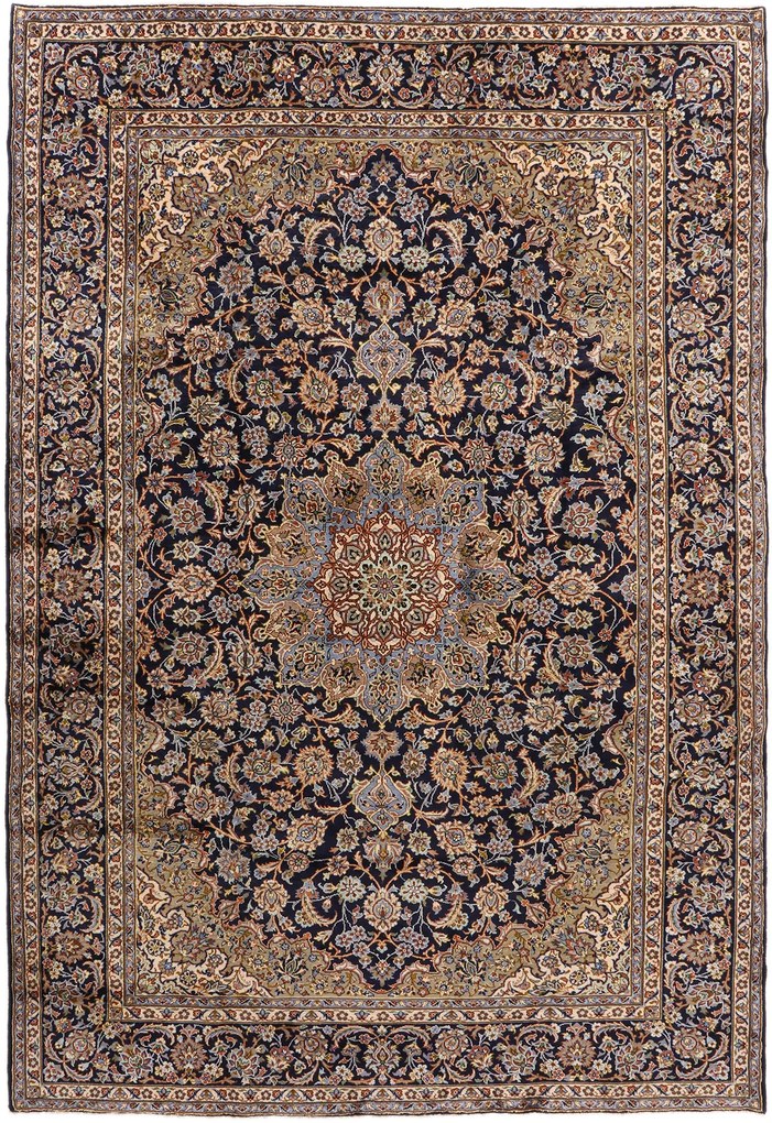 Kashan Tappeto 250x370 Blu (Iran) Annodato A Mano