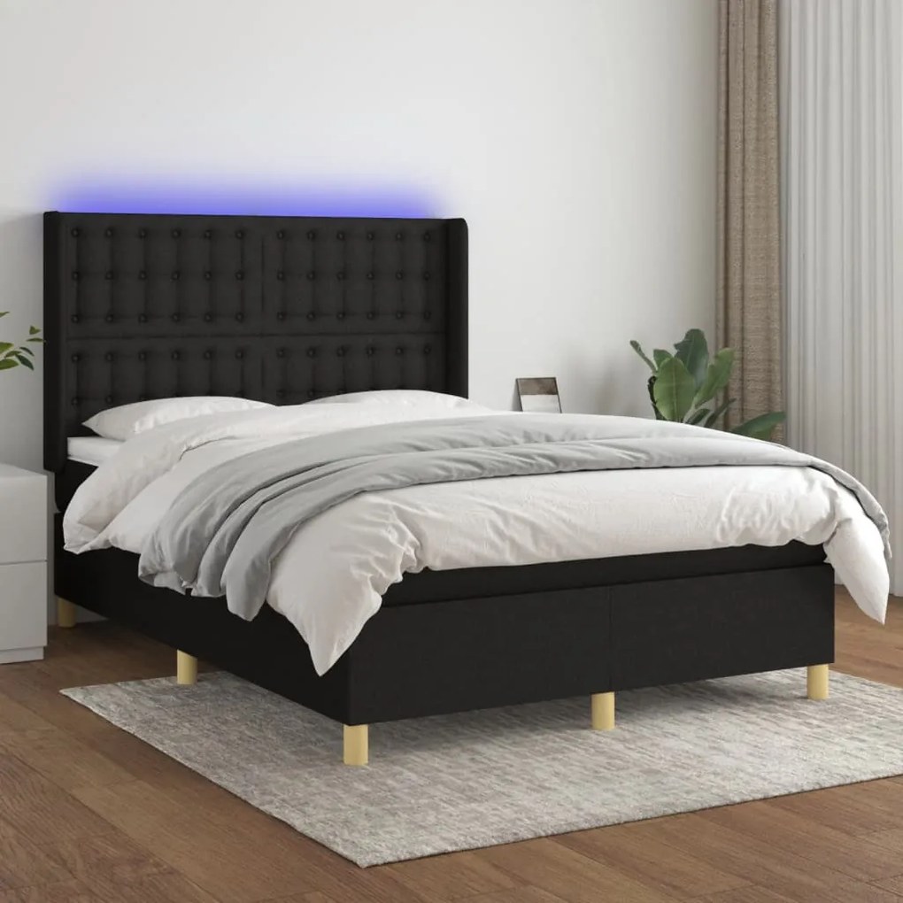 Letto a molle con materasso e led nero 140x190 cm in tessuto