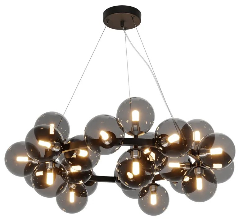 Lampadario Contemporaneo Dallas Metallo Nero 25 Luci Diffusori Vetro Specchiato