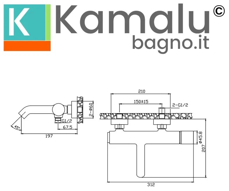 Kamalu - Miscelatore vasca finitura cromo con dettaglio in marmo nero | MARMO-NERO