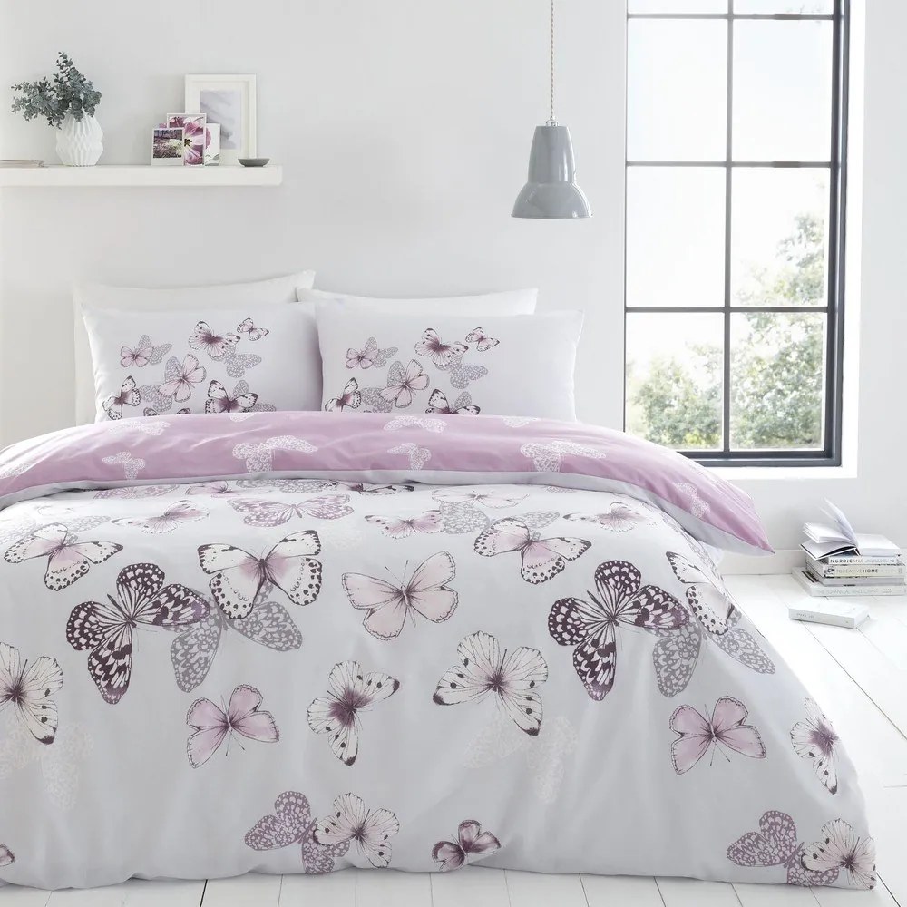 Set copripiumino e federa rosa e grigio chiaro per letto matrimoniale e per letto esteso 230x220 cm Scatter Butterfly – Catherine Lansfield