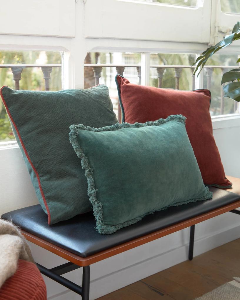 Kave Home - Fodera cuscino Julina 100% cotone velluto rosso e bordo verde 45 x 45 cm