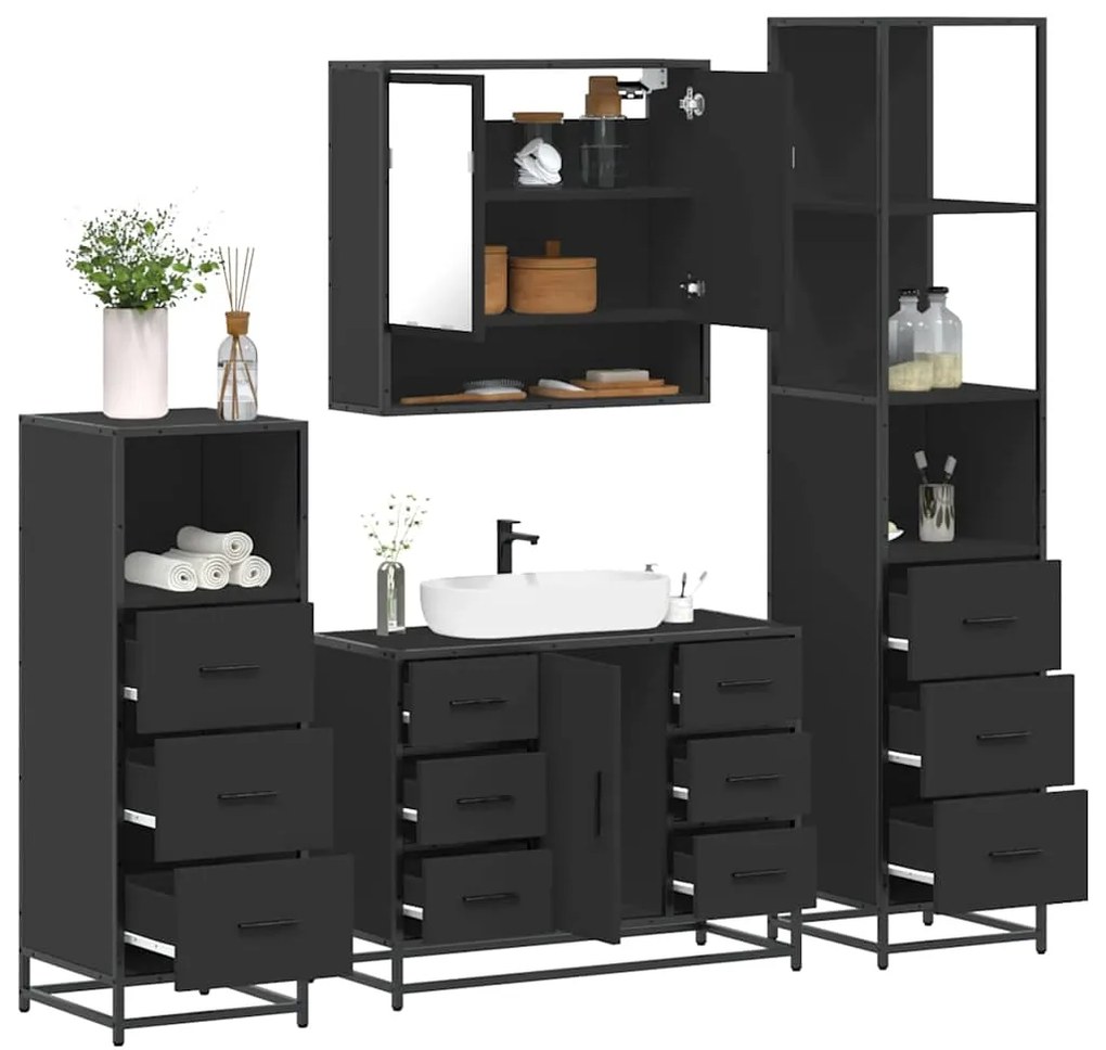 Set Mobili Da Bagno 4 Pz Nero İn Legno Multistrato /