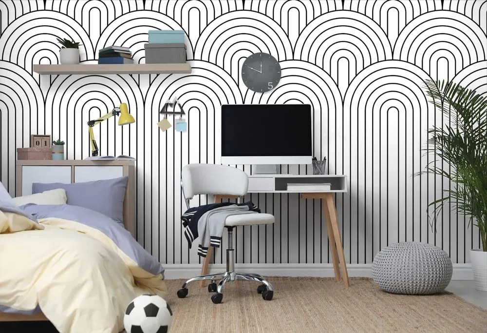 Carta da parati – Motivo arcobaleno in bianco e nero Mid-Century
