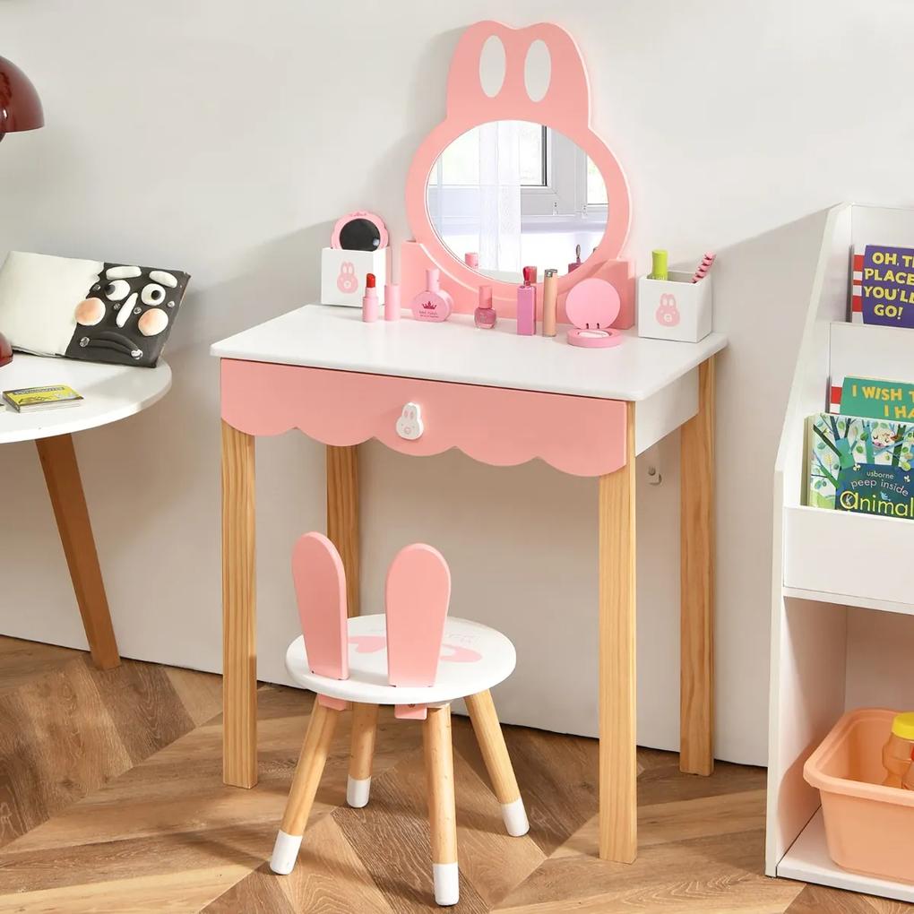 Costway Set tavolo toeletta e sedia per bambini, Set toeletta con specchio cassetti scatole per bambini e bambine Bianco
