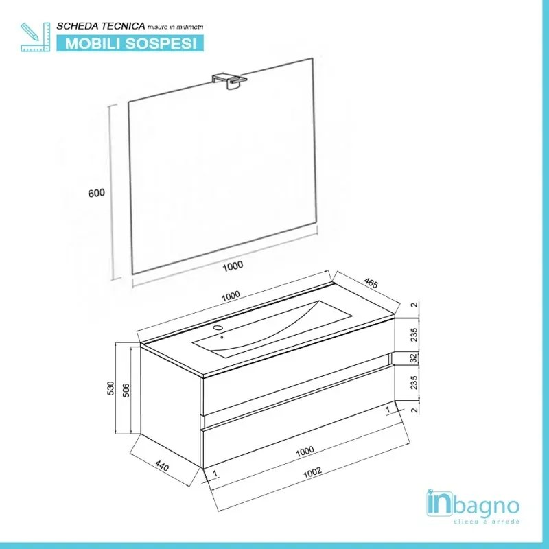 Mobile bagno sospeso bianco lucido 100 cm lavabo e specchiera LED Easy