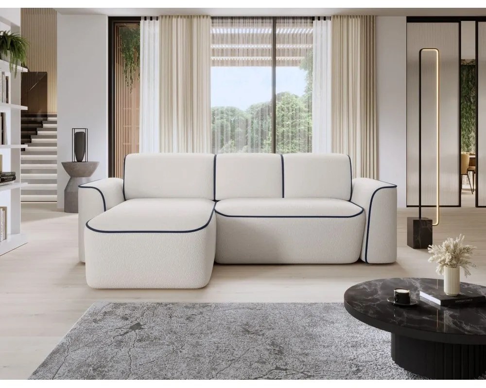 Divano angolare blu/color crema (con penisola a sinistra/con chaise lounge) e rivestimento in bouclé Ume – ELTAP