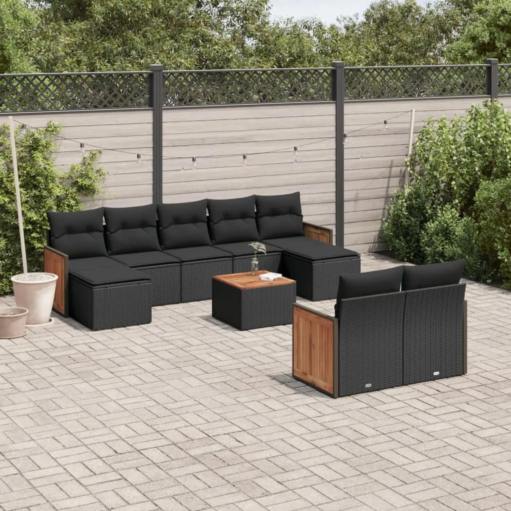 Set divani da giardino 10pz con cuscini in polyrattan nero