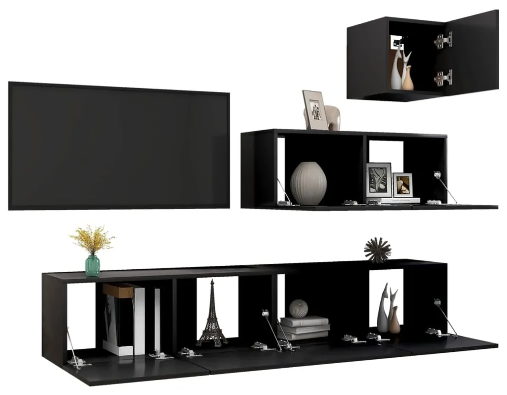 Set di mobili porta tv 4 pz nero in legno multistrato