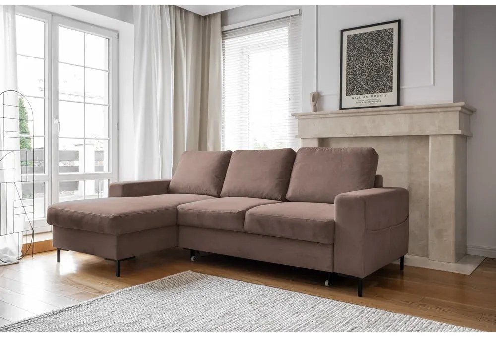 Divano letto in velluto a coste marrone (angolo sinistro) Lofty Lilly - Miuform