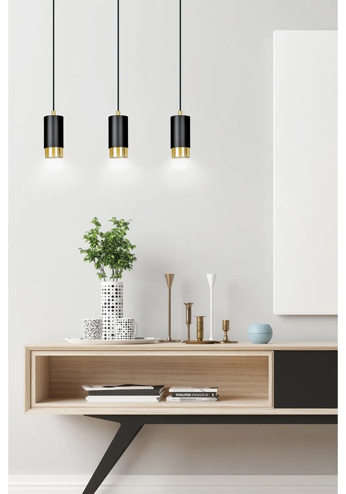 Lampadario 3 Luci Ivar Con Cilindri In Acciaio Nero E Oro