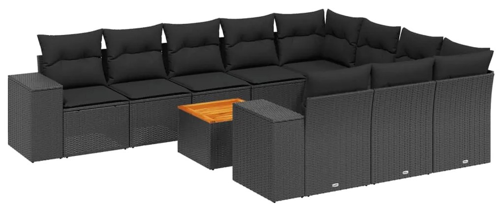 Set divani da giardino 11 pz con cuscini in polyrattan nero