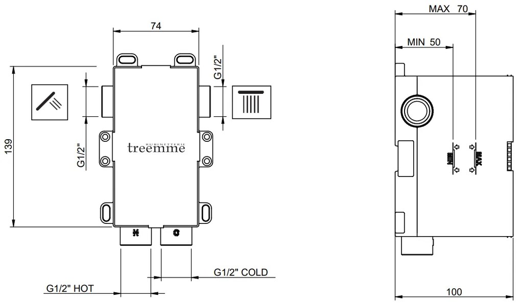 Corpo incasso modulare miscelatore vasca doccia con deviatore pulsante in ottone RWIT51B1ZZ03 Treemme