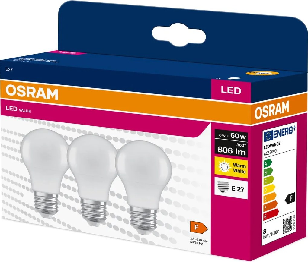 Confezione da 3 lampadine LED A60 E27/8W/230V 3000K - Osram