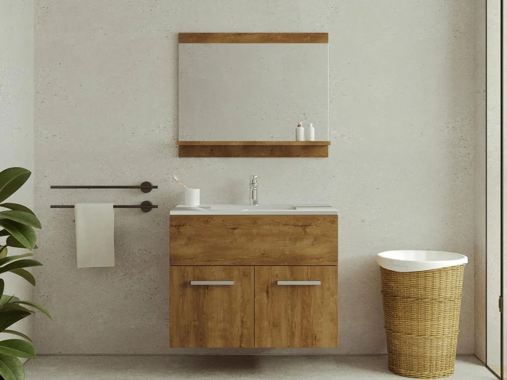 SALDI -  Mobile per bagno sospeso con lavabo singolo e specchio 60 cm Naturale scuro - CLAUDIA II