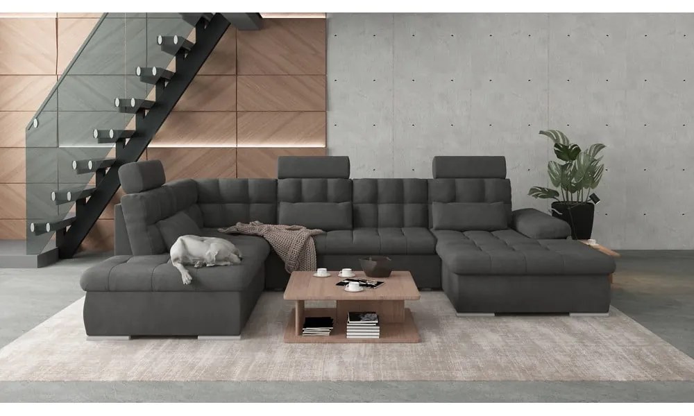 Divano angolare color antracite allungabile e con contenitore (con penisola a sinistra/a U) Merkur – Ropez