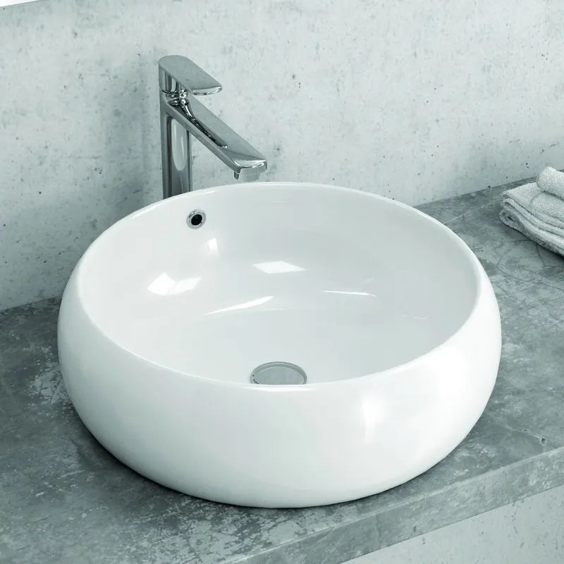 Lavabo da appoggio tondo 44.5cm in ceramica bianca | Litos-T22 - KAMALU