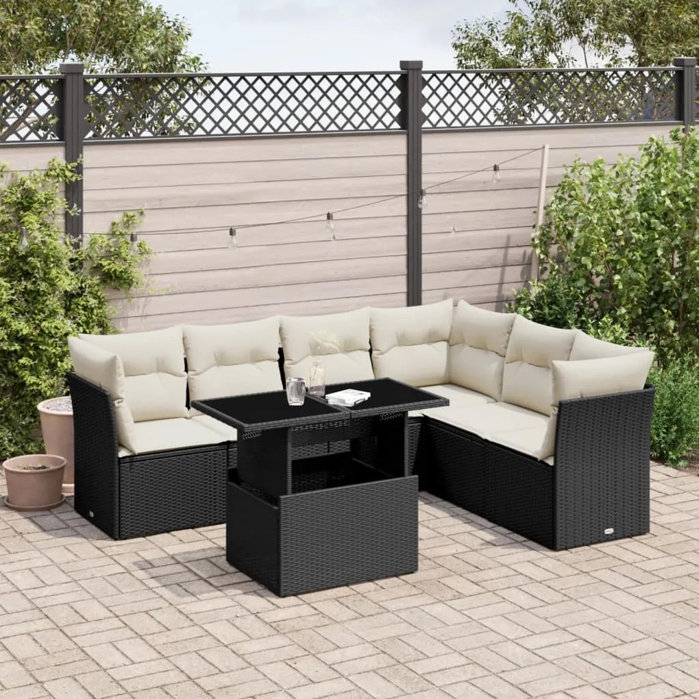 Set divani da giardino con cuscini 7pz nero polyrattan