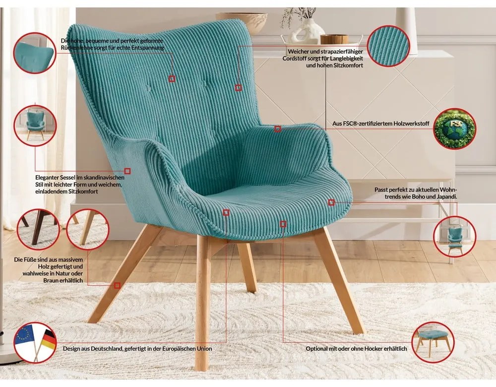 Poltrona con poggiapiedi turchese con rivestimento in velluto a coste Niko – Ropez