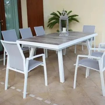 Tavolo Seattle 205/265 X 105 con Struttura in Alluminio e Piano in Ceramica effetto legno, Bianco