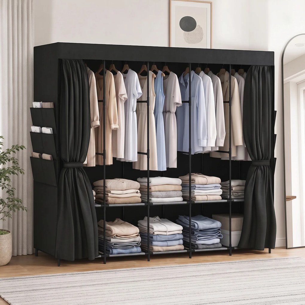 Armadio Salvaspazio 212x45x167 cm con 5 Aste 5 Ripiani 6 Tasche Laterali Ante Antipolvere con Zip in Tessuto Nero...