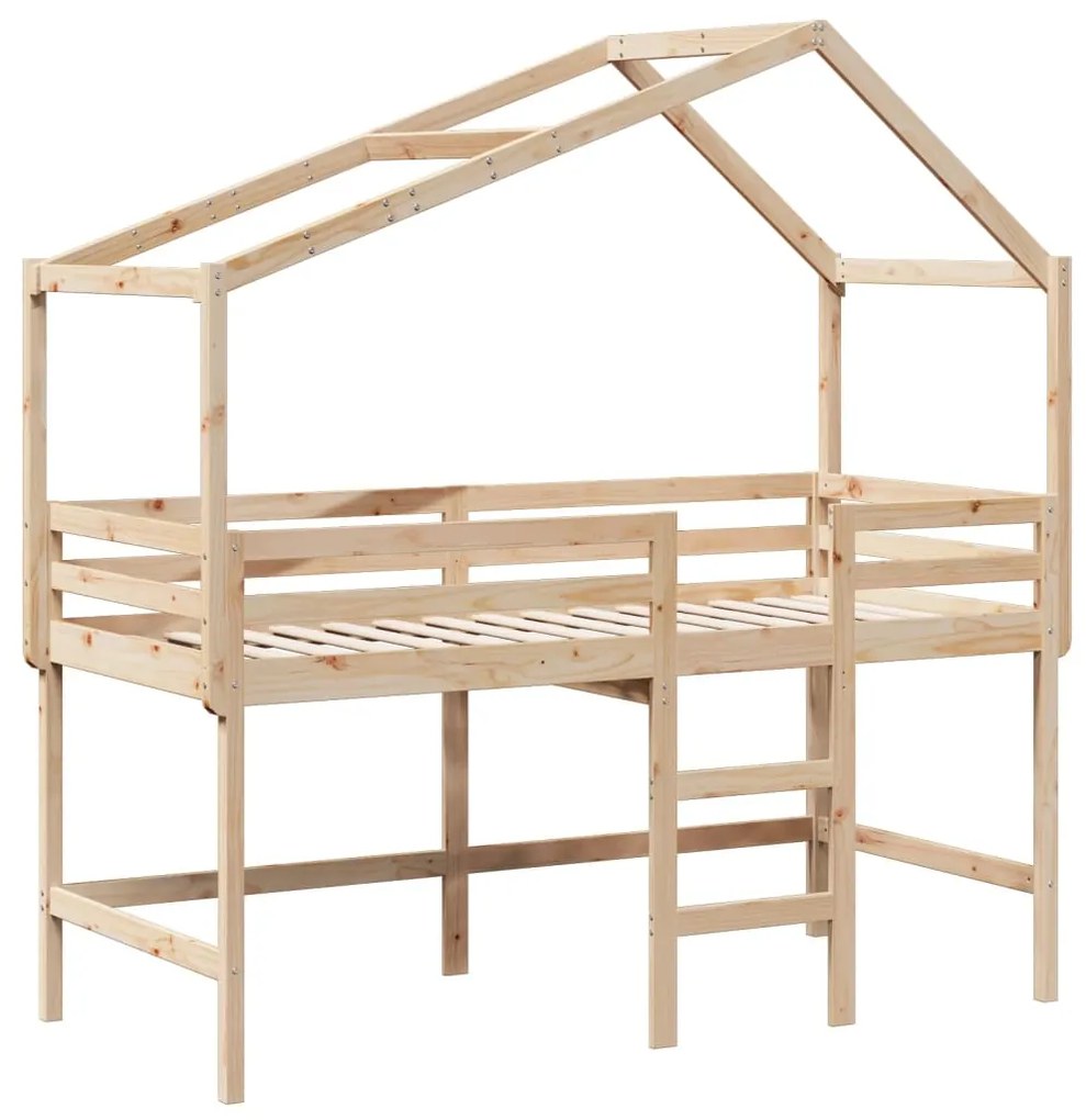 Letto soppalco con scala e tetto 90x200 cm legno massello pino