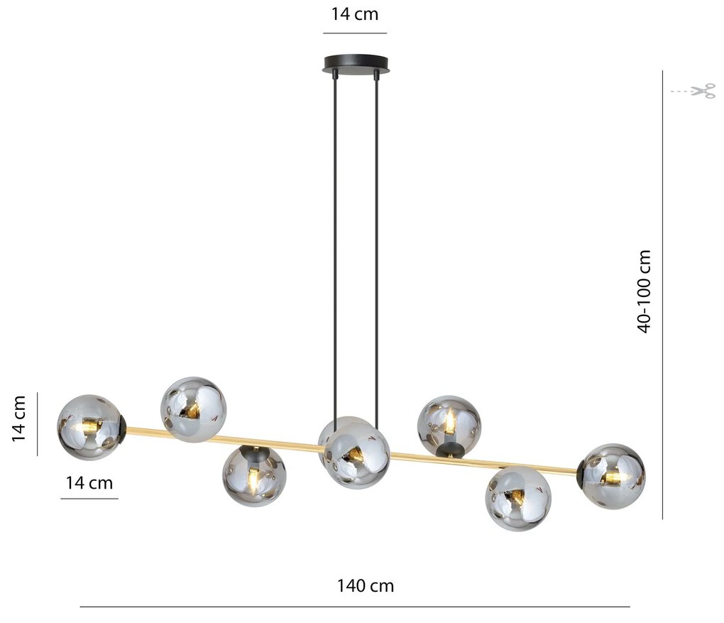 Sospensione Contemporanea Gravity 8 Luci In Acciaio Oro E Sfere In Vetro Fumè