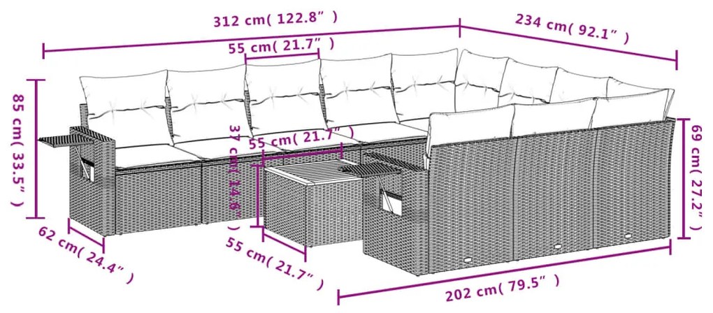 Set Divani da Giardino 11 pz con Cuscini in Polyrattan Nero