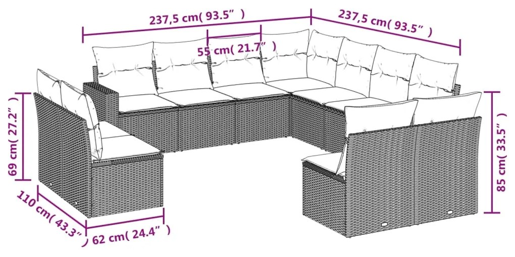 Set divani da giardino 11 pz con cuscini in polyrattan grigio