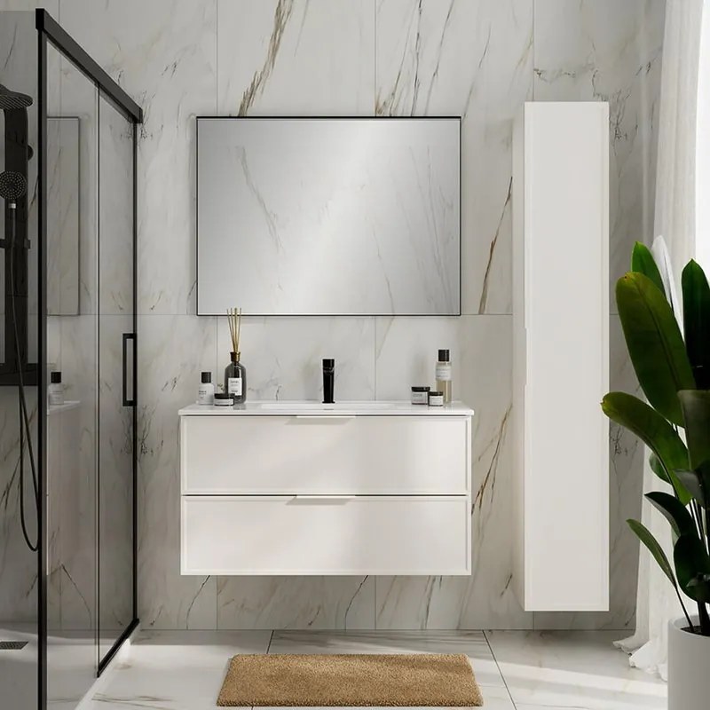 Colonna Quadra L30 H180 P32 bianco opaco laccato 1 anta reversibile, con maniglia in alluminio laccato bianco 4 ripiani