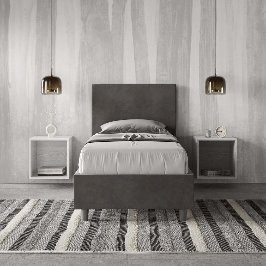 Letto singolo imbottito 80x210 microfibra Adele senza rete, con rete, contenitore, Grigio / Contenitore