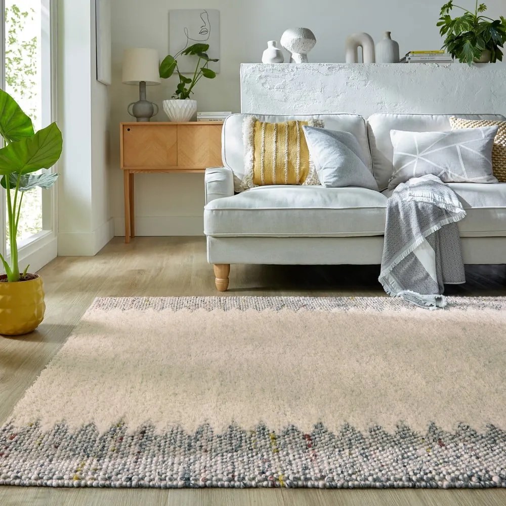 Tappeto grigio e crema tessuto a mano con lana 160x230 cm Minerals Border - Flair Rugs