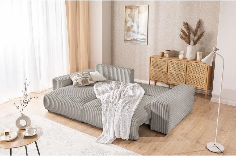 Divano angolare con penisola a sinistra grigio chiaro e rivestimento in velluto a coste allungabile e con contenitore Sarina – Ropez